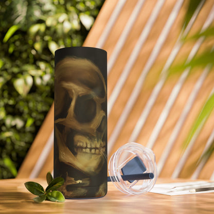 Gothic Skull Tumbler, 20oz | Unique Matte Travel Cup | Halloween Decor | Day of the Dead | Edgy Gifts for Skull Lovers, Reusable Drinkware | Van Gogh's Skeleton with Burning Cigarette Reimagined, Abstract Modern Twist Art