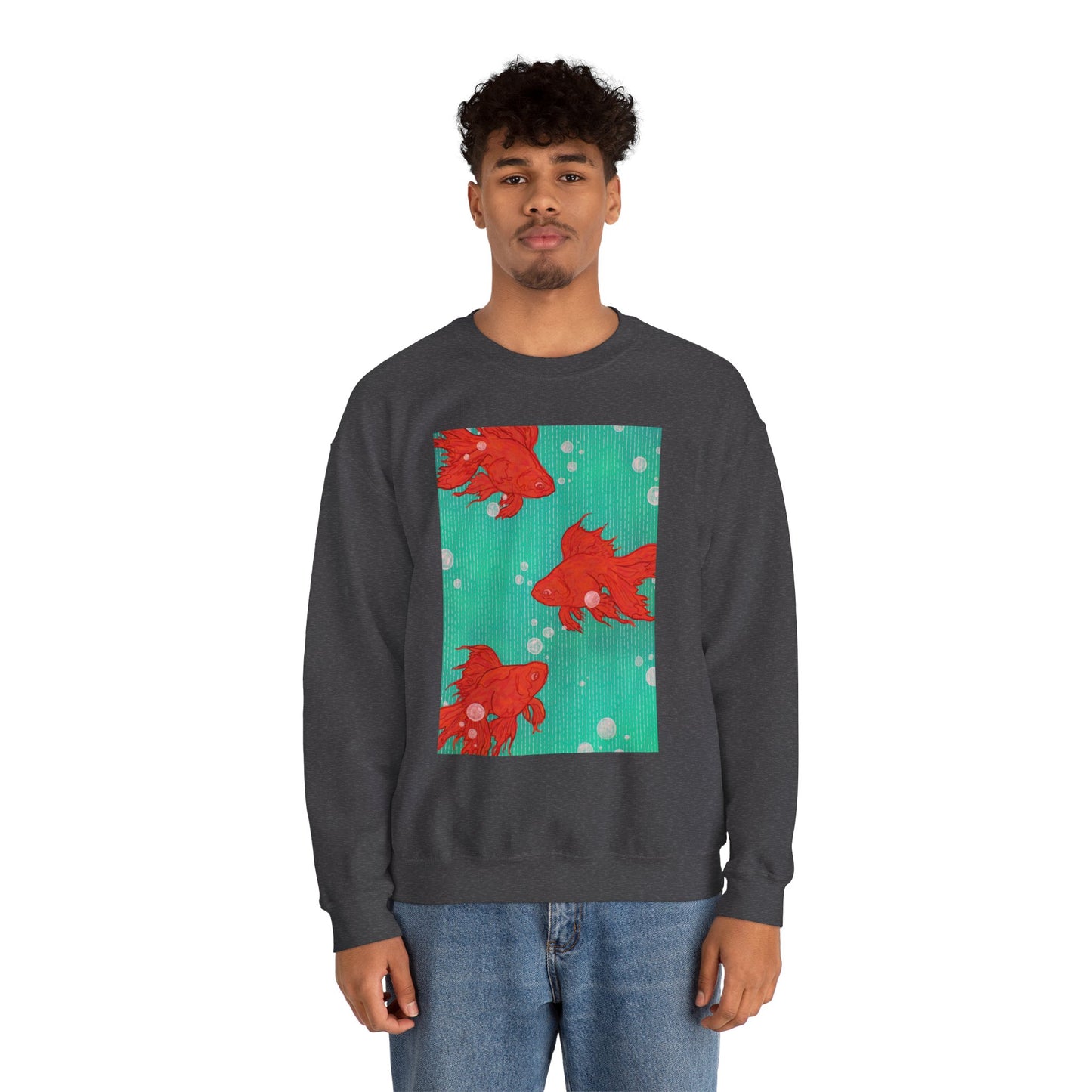 Colorful Fish Graphic Crewneck Sweatshirt, Cozy Unisex Sweater, Fun Graphic Top, Ideal Gift for Fish Lovers, Casual Everyday Wear, Comfy Goldfish Crewneck