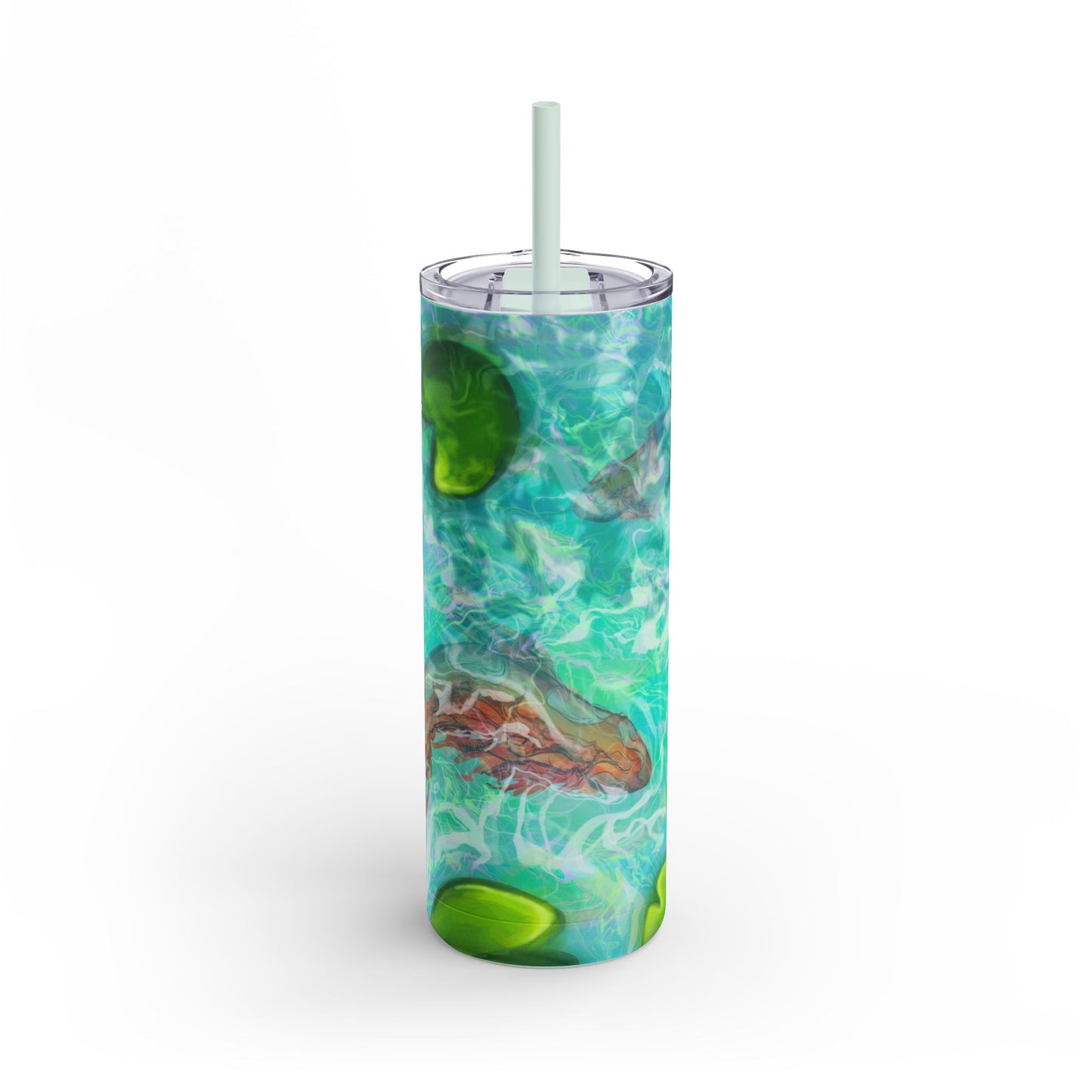 Skinny Tumbler with Abstract Water Design, Eco-Friendly Drinkware, Cool Gift for Her, Summer Vibes, Home & Office Decor, Lily Pads, Fish Pond