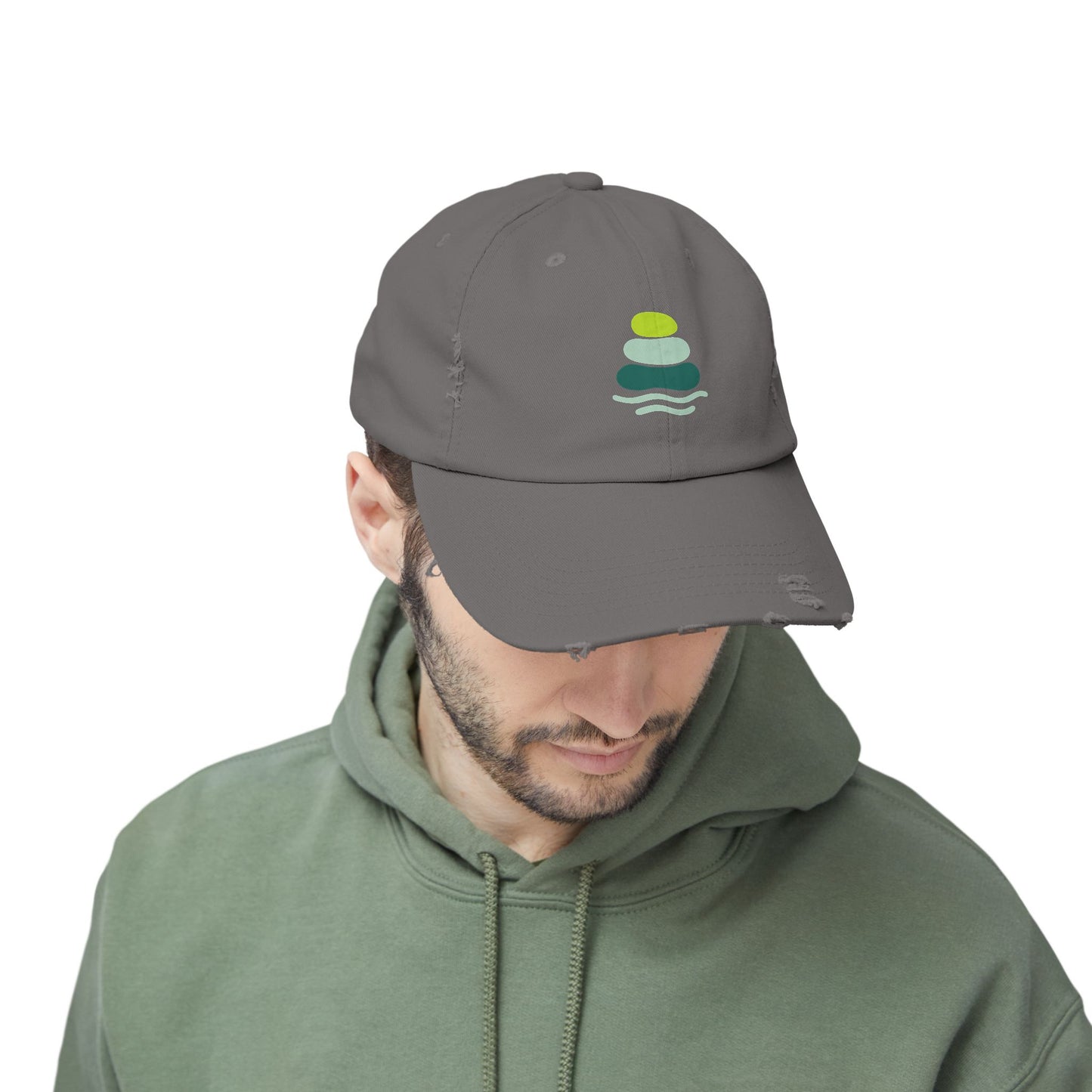 Relaxed Unisex Distressed Cap with Peaceful Stone Design, Casual Hat for Nature Lovers, Summer Accessory, Gift for Her/Him, Outdoor Wear, Serene, Mindfulness Gifts