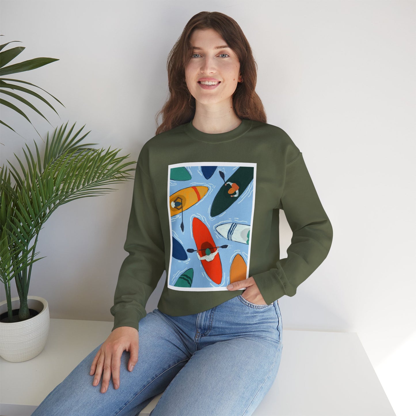 Colorful Kayak Print Crewneck Sweatshirt, Cozy Unisex Pullover, Perfect for Outdoor Lovers, Kayaking Gift, Summer Vibes, Artsy Crewneck, Comfy Pullover, Funky, Quirky Art