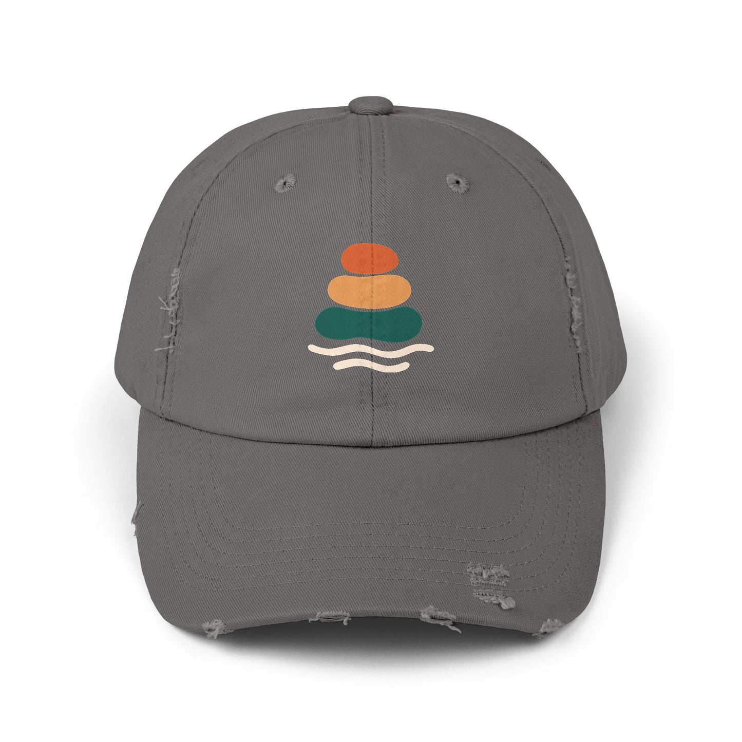 Unisex Distressed Cap with Peaceful Stones Design, Relaxed Vibe, Perfect for Casual Wear, Outdoor Adventures, Gifts for Friends, Beach Wear, Mindfulness Gifts, Serene Crewneck Sweatshirt