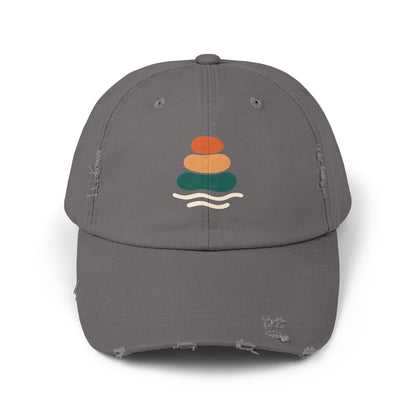 Unisex Distressed Cap with Peaceful Stones Design, Relaxed Vibe, Perfect for Casual Wear, Outdoor Adventures, Gifts for Friends, Beach Wear, Mindfulness Gifts, Serene Crewneck Sweatshirt