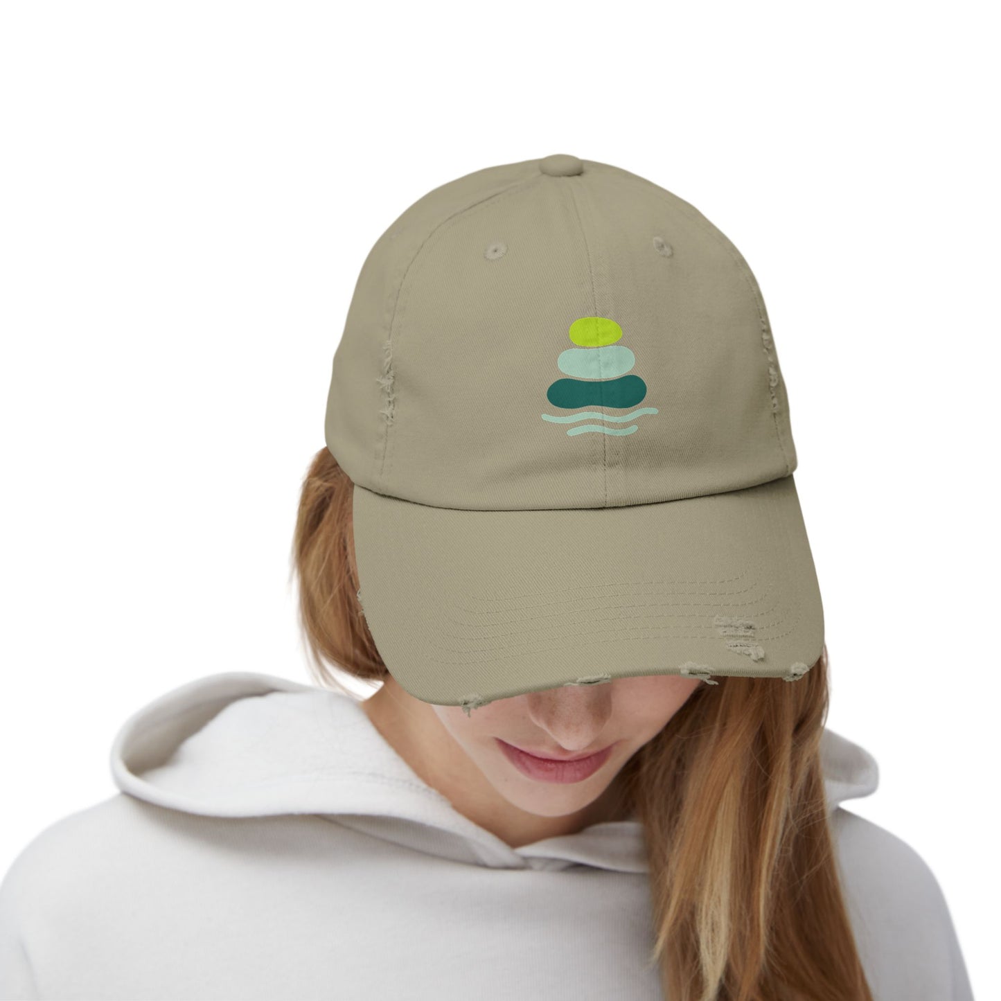 Relaxed Unisex Distressed Cap with Peaceful Stone Design, Casual Hat for Nature Lovers, Summer Accessory, Gift for Her/Him, Outdoor Wear, Serene, Mindfulness Gifts