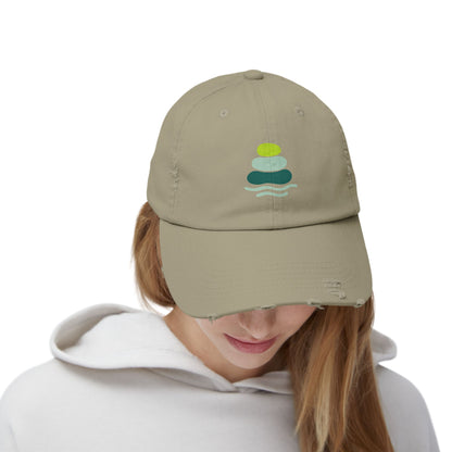 Relaxed Unisex Distressed Cap with Peaceful Stone Design, Casual Hat for Nature Lovers, Summer Accessory, Gift for Her/Him, Outdoor Wear, Serene, Mindfulness Gifts