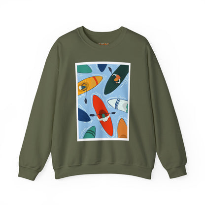 Colorful Kayak Print Crewneck Sweatshirt, Cozy Unisex Pullover, Perfect for Outdoor Lovers, Kayaking Gift, Summer Vibes, Artsy Crewneck, Comfy Pullover, Funky, Quirky Art