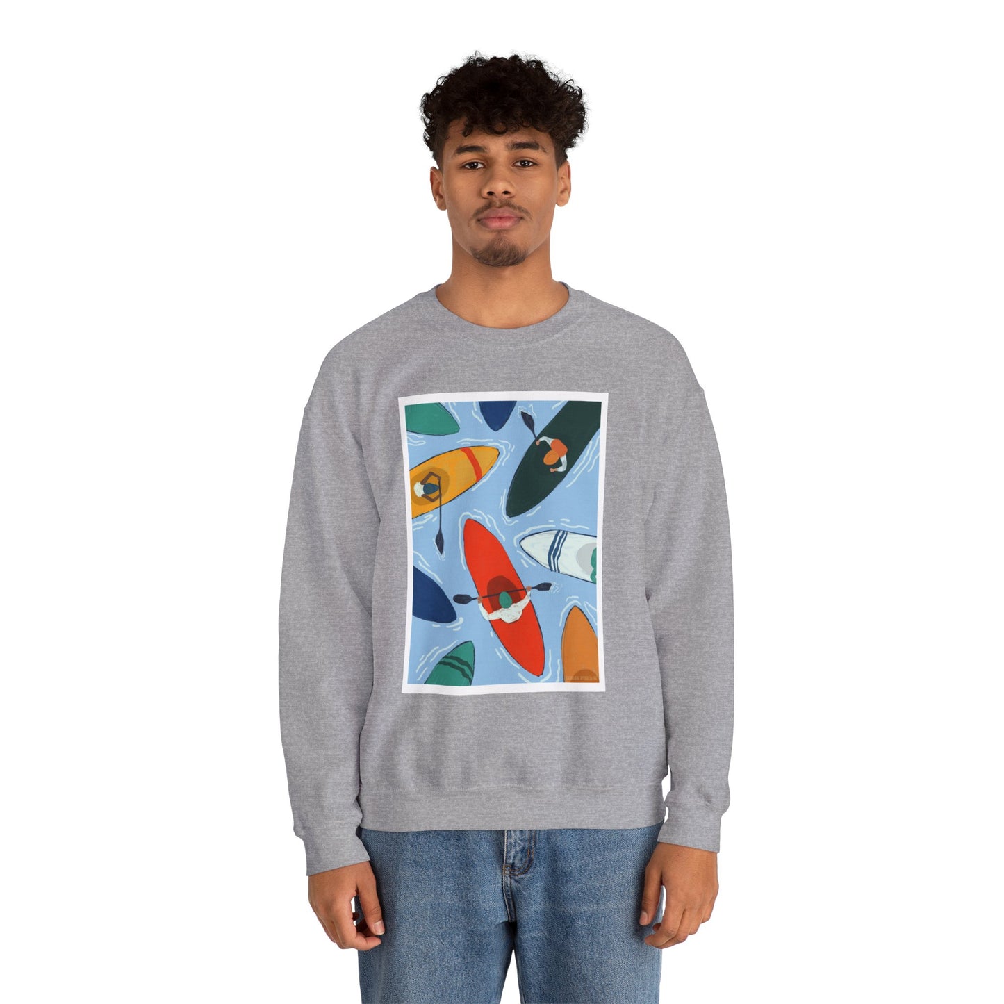 Colorful Kayak Print Crewneck Sweatshirt, Cozy Unisex Pullover, Perfect for Outdoor Lovers, Kayaking Gift, Summer Vibes, Artsy Crewneck, Comfy Pullover, Funky, Quirky Art