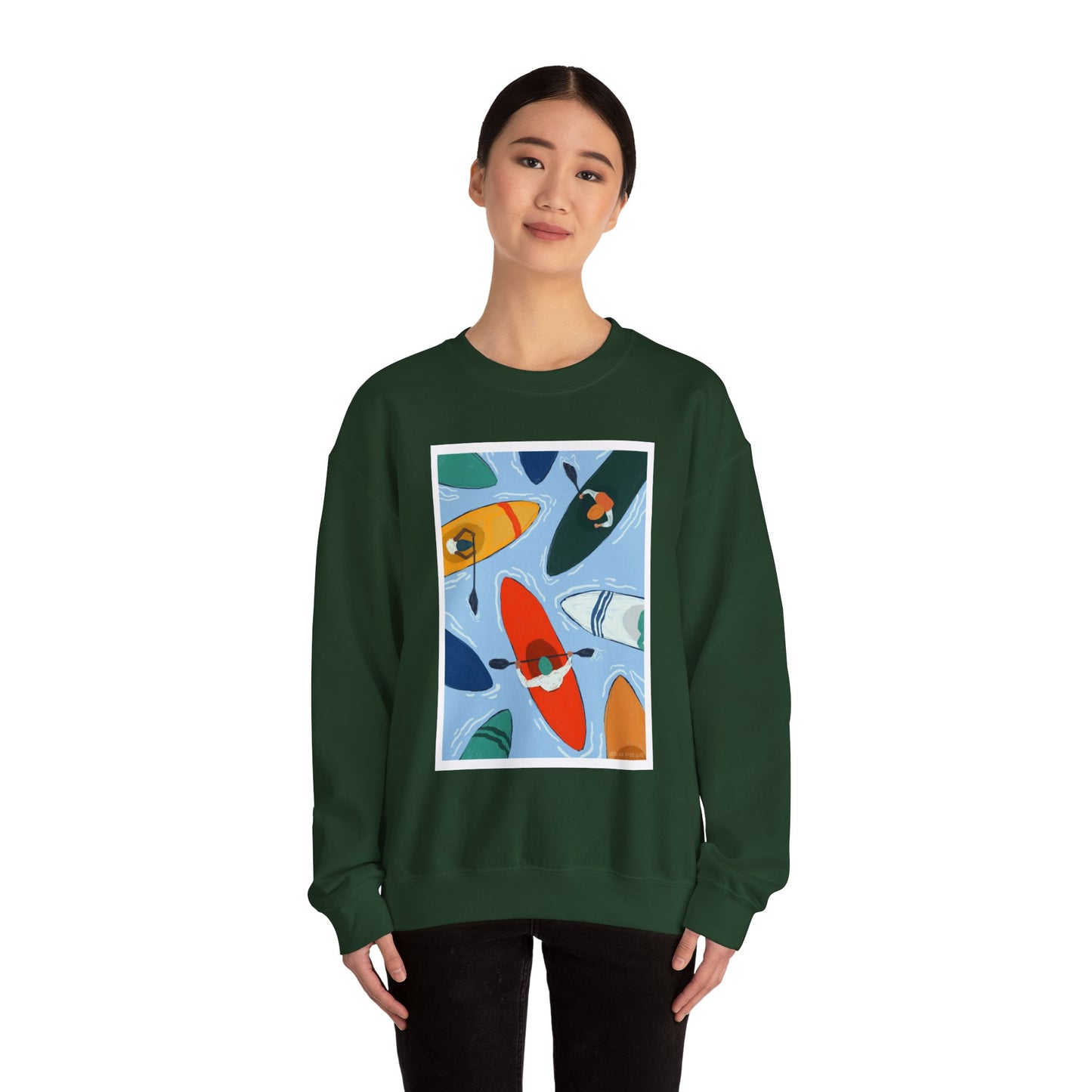 Colorful Kayak Print Crewneck Sweatshirt, Cozy Unisex Pullover, Perfect for Outdoor Lovers, Kayaking Gift, Summer Vibes, Artsy Crewneck, Comfy Pullover, Funky, Quirky Art