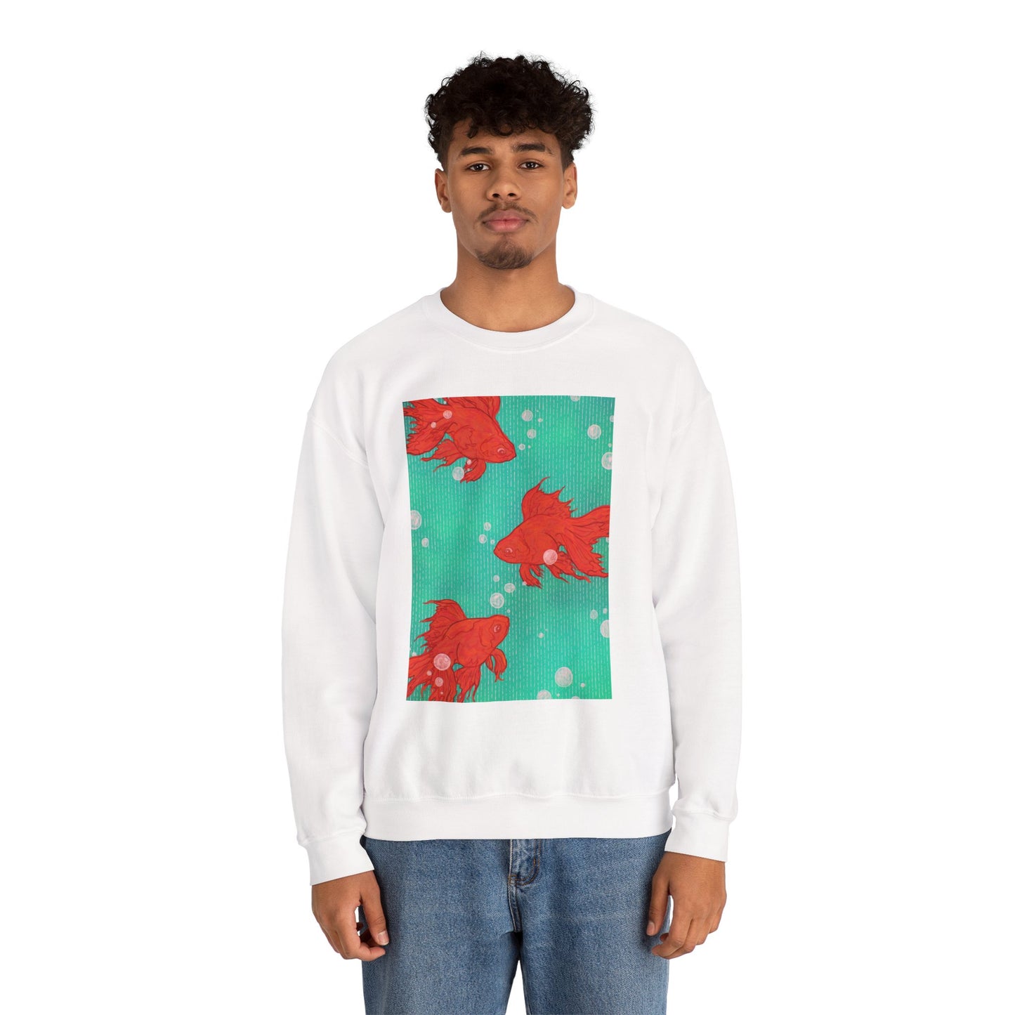 Colorful Fish Graphic Crewneck Sweatshirt, Cozy Unisex Sweater, Fun Graphic Top, Ideal Gift for Fish Lovers, Casual Everyday Wear, Comfy Goldfish Crewneck