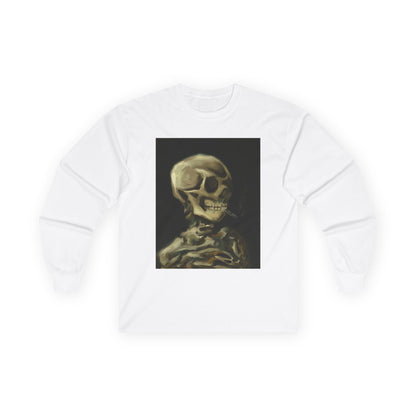 Unisex Long Sleeve Skeleton Tee - Spooky Casual Wear, Gift for Skeleton Lovers, Graphic Tee, Autumn Fashion | Abstract Twist on Van Gogh's Skeleton with Burning Cigarette, Van Gogh Art Reimagined