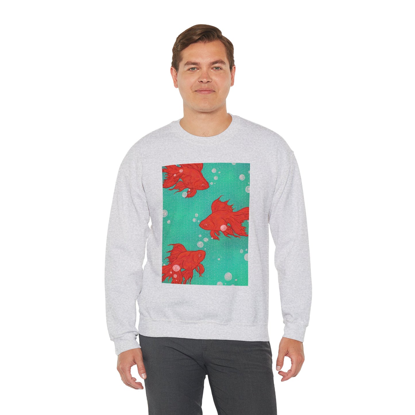 Colorful Fish Graphic Crewneck Sweatshirt, Cozy Unisex Sweater, Fun Graphic Top, Ideal Gift for Fish Lovers, Casual Everyday Wear, Comfy Goldfish Crewneck