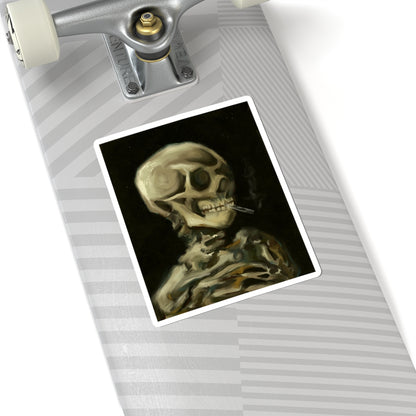 Eerie Skeleton Kiss-Cut Stickers, Spooky Decor, Halloween Accessories, Laptop Stickers, Gothic Art, Gift for Horror Fans | Van Gogh's Skeleton with Burning Cigarette Reimagined, Abstract Modern Twist