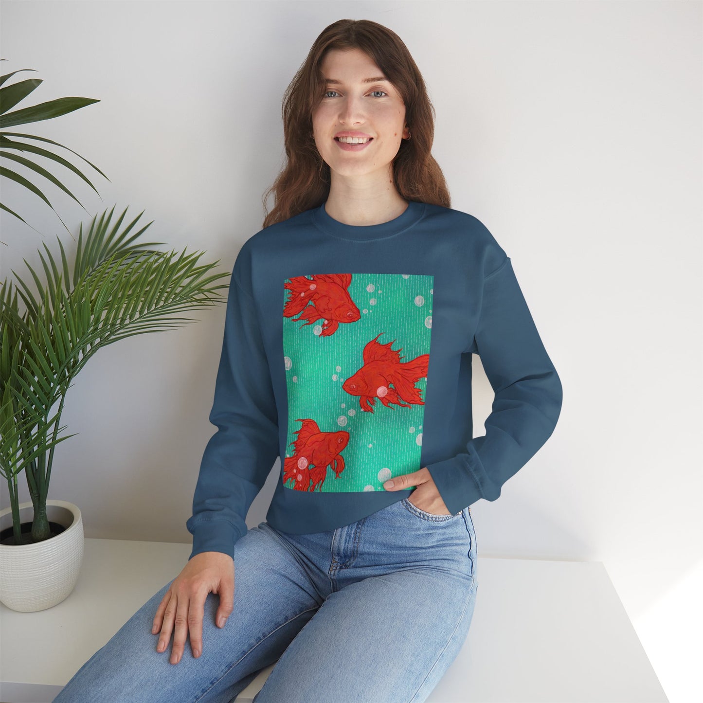 Colorful Fish Graphic Crewneck Sweatshirt, Cozy Unisex Sweater, Fun Graphic Top, Ideal Gift for Fish Lovers, Casual Everyday Wear, Comfy Goldfish Crewneck