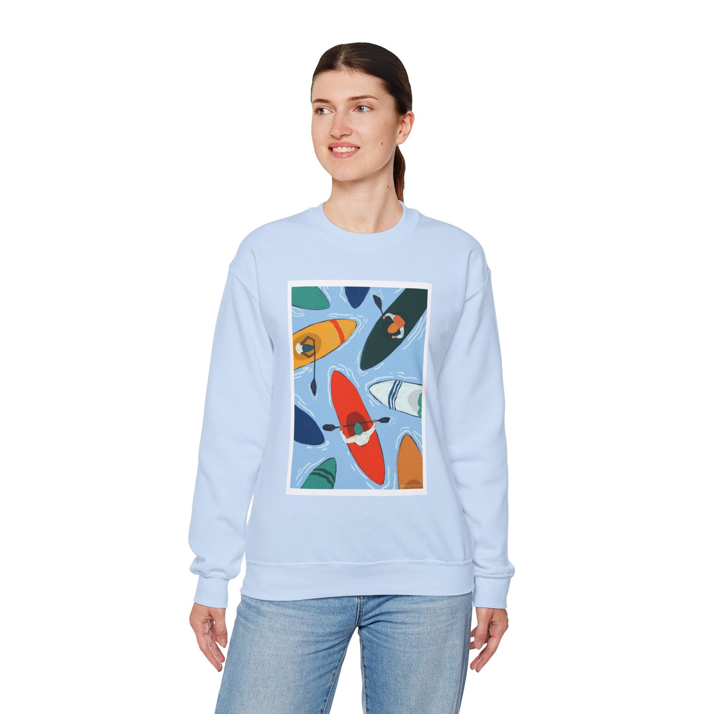 Colorful Kayak Print Crewneck Sweatshirt, Cozy Unisex Pullover, Perfect for Outdoor Lovers, Kayaking Gift, Summer Vibes, Artsy Crewneck, Comfy Pullover, Funky, Quirky Art