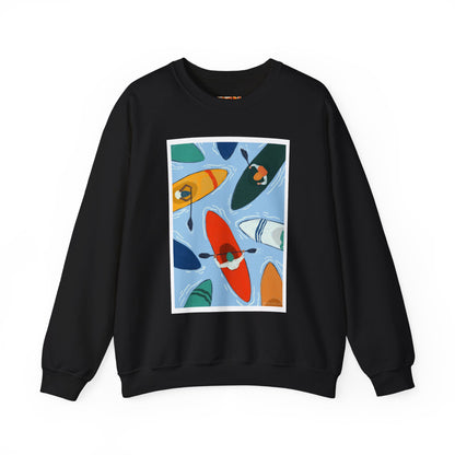 Colorful Kayak Print Crewneck Sweatshirt, Cozy Unisex Pullover, Perfect for Outdoor Lovers, Kayaking Gift, Summer Vibes, Artsy Crewneck, Comfy Pullover, Funky, Quirky Art
