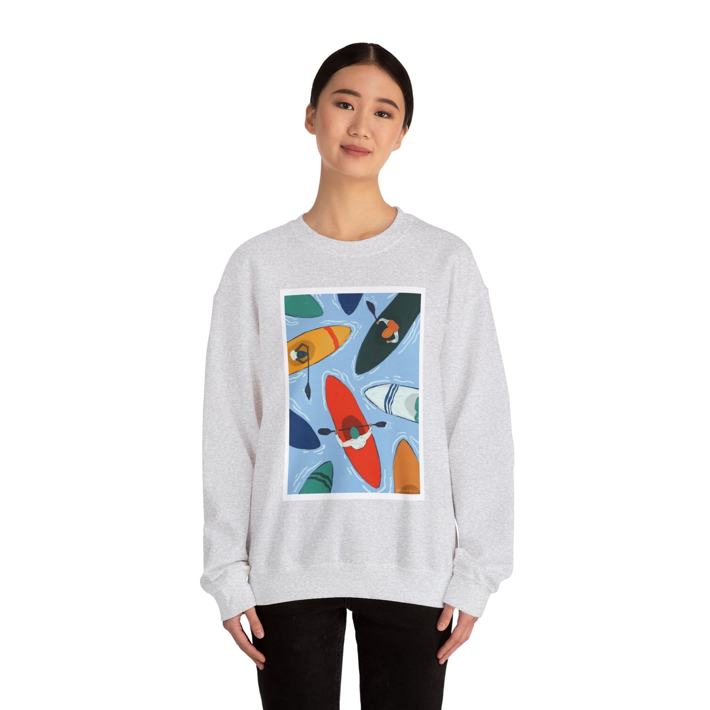 Colorful Kayak Print Crewneck Sweatshirt, Cozy Unisex Pullover, Perfect for Outdoor Lovers, Kayaking Gift, Summer Vibes, Artsy Crewneck, Comfy Pullover, Funky, Quirky Art