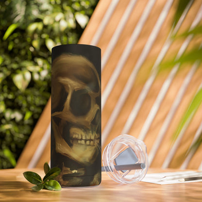 Gothic Skull Tumbler, 20oz | Unique Matte Travel Cup | Halloween Decor | Day of the Dead | Edgy Gifts for Skull Lovers, Reusable Drinkware | Van Gogh's Skeleton with Burning Cigarette Reimagined, Abstract Modern Twist Art