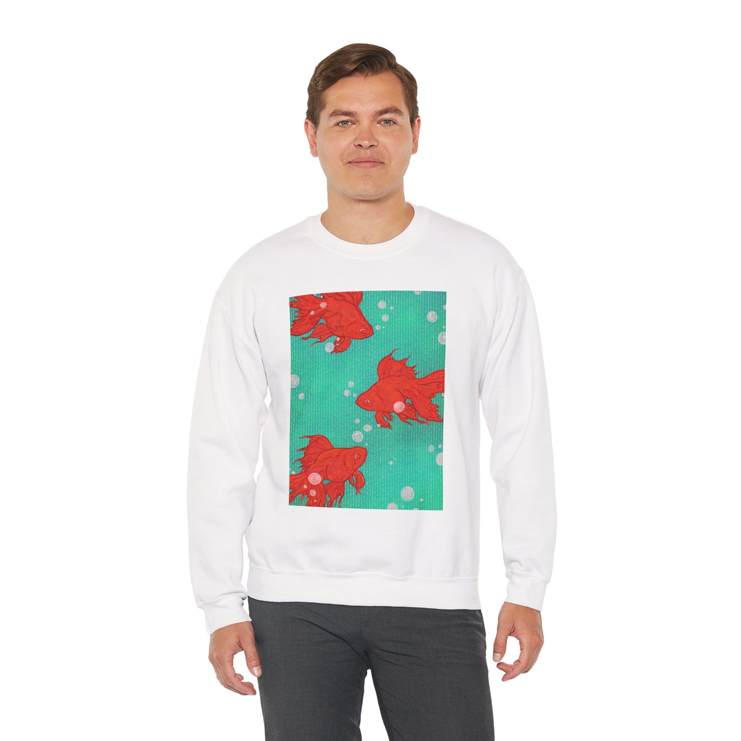 Colorful Fish Graphic Crewneck Sweatshirt, Cozy Unisex Sweater, Fun Graphic Top, Ideal Gift for Fish Lovers, Casual Everyday Wear, Comfy Goldfish Crewneck