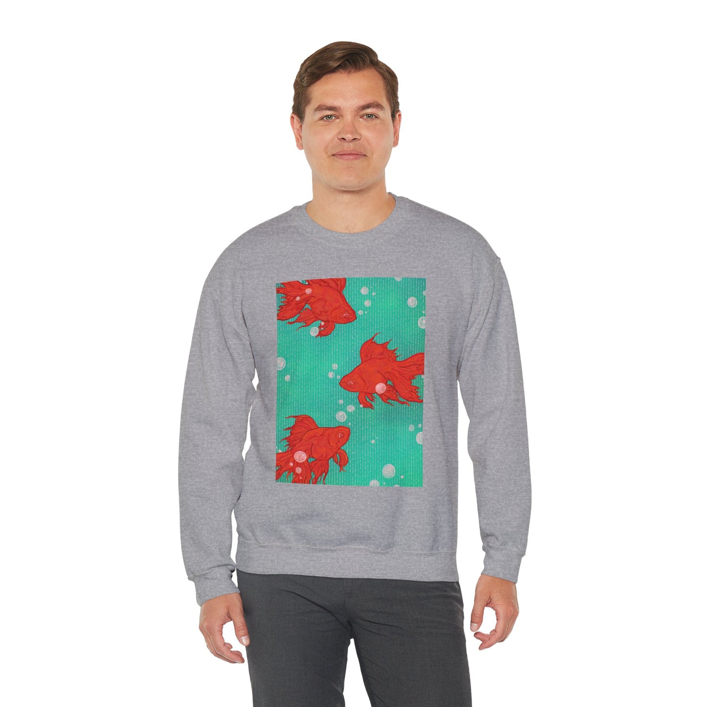 Colorful Fish Graphic Crewneck Sweatshirt, Cozy Unisex Sweater, Fun Graphic Top, Ideal Gift for Fish Lovers, Casual Everyday Wear, Comfy Goldfish Crewneck