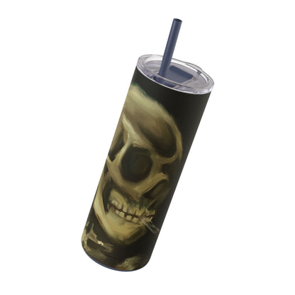 Gothic Skull Tumbler, 20oz | Unique Matte Travel Cup | Halloween Decor | Day of the Dead | Edgy Gifts for Skull Lovers, Reusable Drinkware | Van Gogh's Skeleton with Burning Cigarette Reimagined, Abstract Modern Twist Art