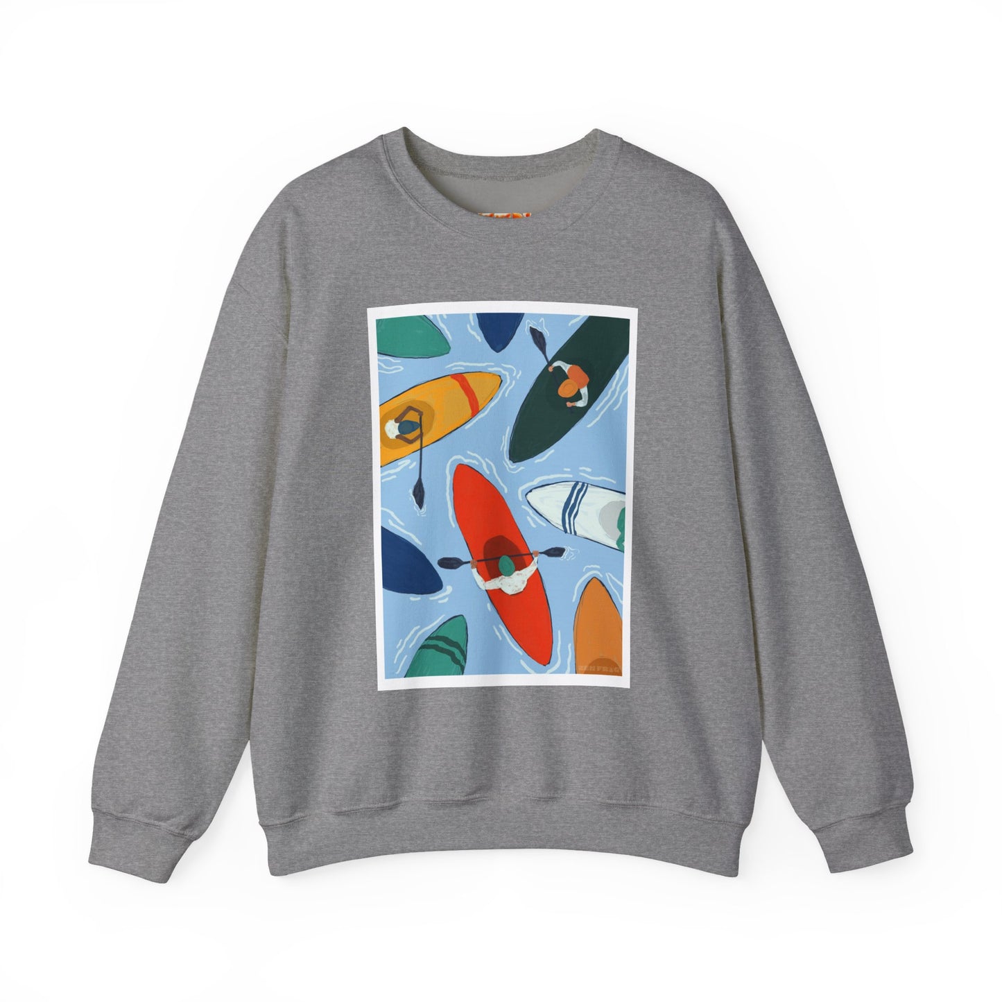 Colorful Kayak Print Crewneck Sweatshirt, Cozy Unisex Pullover, Perfect for Outdoor Lovers, Kayaking Gift, Summer Vibes, Artsy Crewneck, Comfy Pullover, Funky, Quirky Art