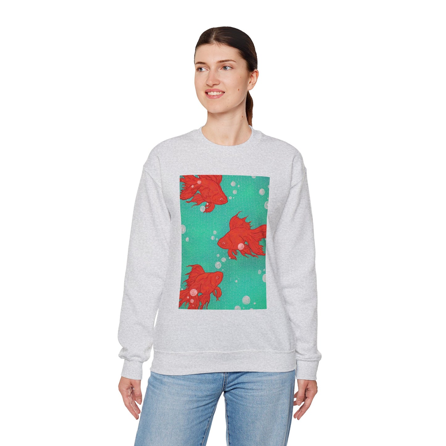 Colorful Fish Graphic Crewneck Sweatshirt, Cozy Unisex Sweater, Fun Graphic Top, Ideal Gift for Fish Lovers, Casual Everyday Wear, Comfy Goldfish Crewneck