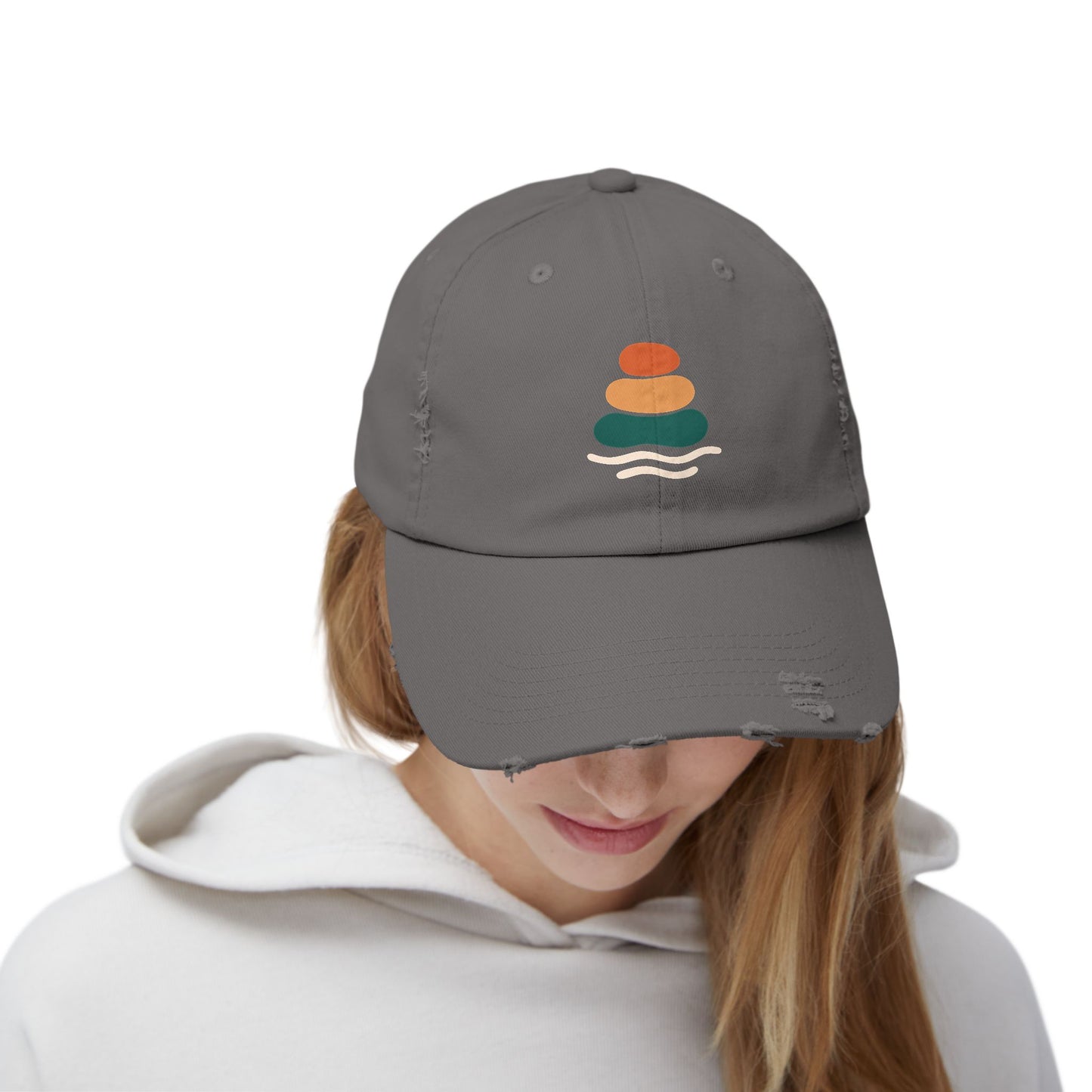 Unisex Distressed Cap with Peaceful Stones Design, Relaxed Vibe, Perfect for Casual Wear, Outdoor Adventures, Gifts for Friends, Beach Wear, Mindfulness Gifts, Serene Crewneck Sweatshirt