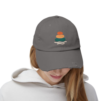 Unisex Distressed Cap with Peaceful Stones Design, Relaxed Vibe, Perfect for Casual Wear, Outdoor Adventures, Gifts for Friends, Beach Wear, Mindfulness Gifts, Serene Crewneck Sweatshirt