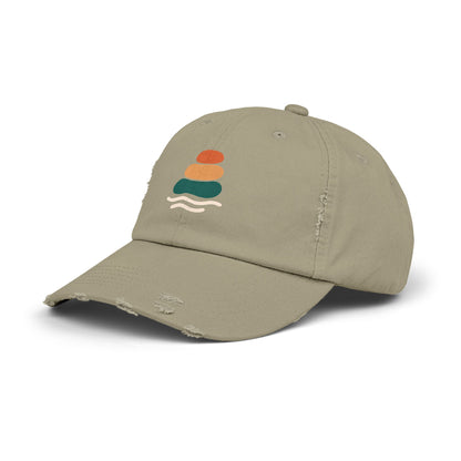 Unisex Distressed Cap with Peaceful Stones Design, Relaxed Vibe, Perfect for Casual Wear, Outdoor Adventures, Gifts for Friends, Beach Wear, Mindfulness Gifts, Serene Crewneck Sweatshirt