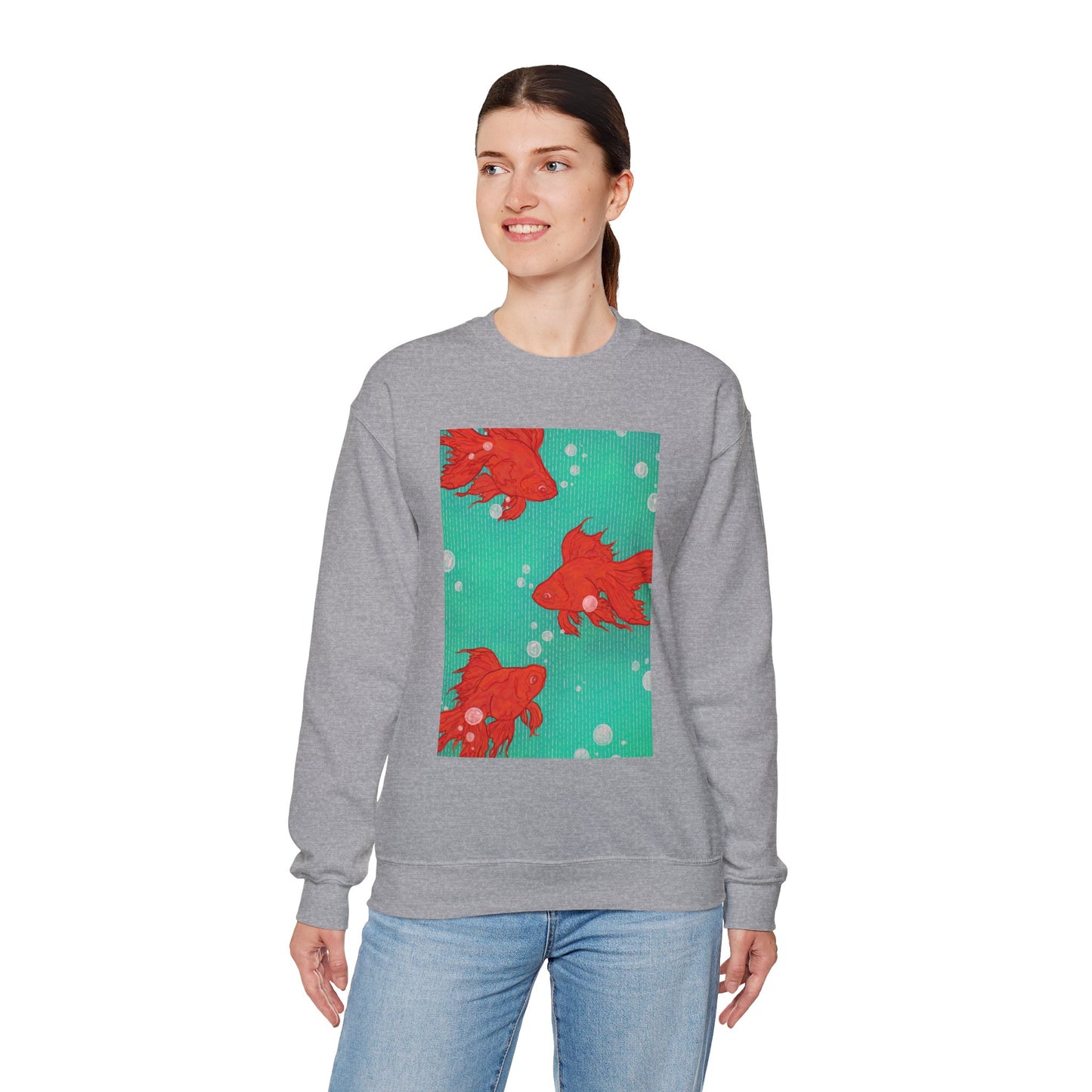 Colorful Fish Graphic Crewneck Sweatshirt, Cozy Unisex Sweater, Fun Graphic Top, Ideal Gift for Fish Lovers, Casual Everyday Wear, Comfy Goldfish Crewneck