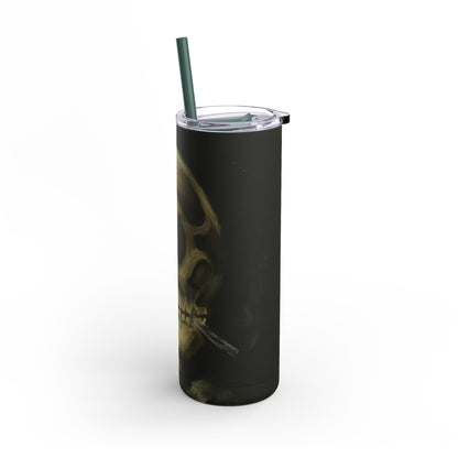 Gothic Skull Tumbler, 20oz | Unique Matte Travel Cup | Halloween Decor | Day of the Dead | Edgy Gifts for Skull Lovers, Reusable Drinkware | Van Gogh's Skeleton with Burning Cigarette Reimagined, Abstract Modern Twist Art