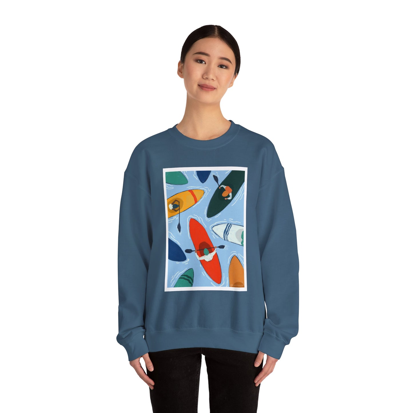 Colorful Kayak Print Crewneck Sweatshirt, Cozy Unisex Pullover, Perfect for Outdoor Lovers, Kayaking Gift, Summer Vibes, Artsy Crewneck, Comfy Pullover, Funky, Quirky Art