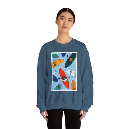 Colorful Kayak Print Crewneck Sweatshirt, Cozy Unisex Pullover, Perfect for Outdoor Lovers, Kayaking Gift, Summer Vibes, Artsy Crewneck, Comfy Pullover, Funky, Quirky Art