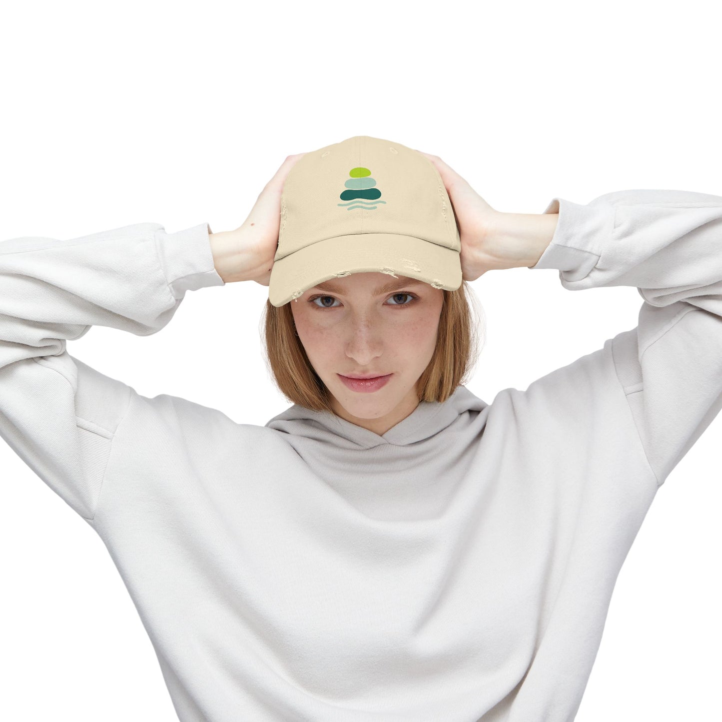 Relaxed Unisex Distressed Cap with Peaceful Stone Design, Casual Hat for Nature Lovers, Summer Accessory, Gift for Her/Him, Outdoor Wear, Serene, Mindfulness Gifts