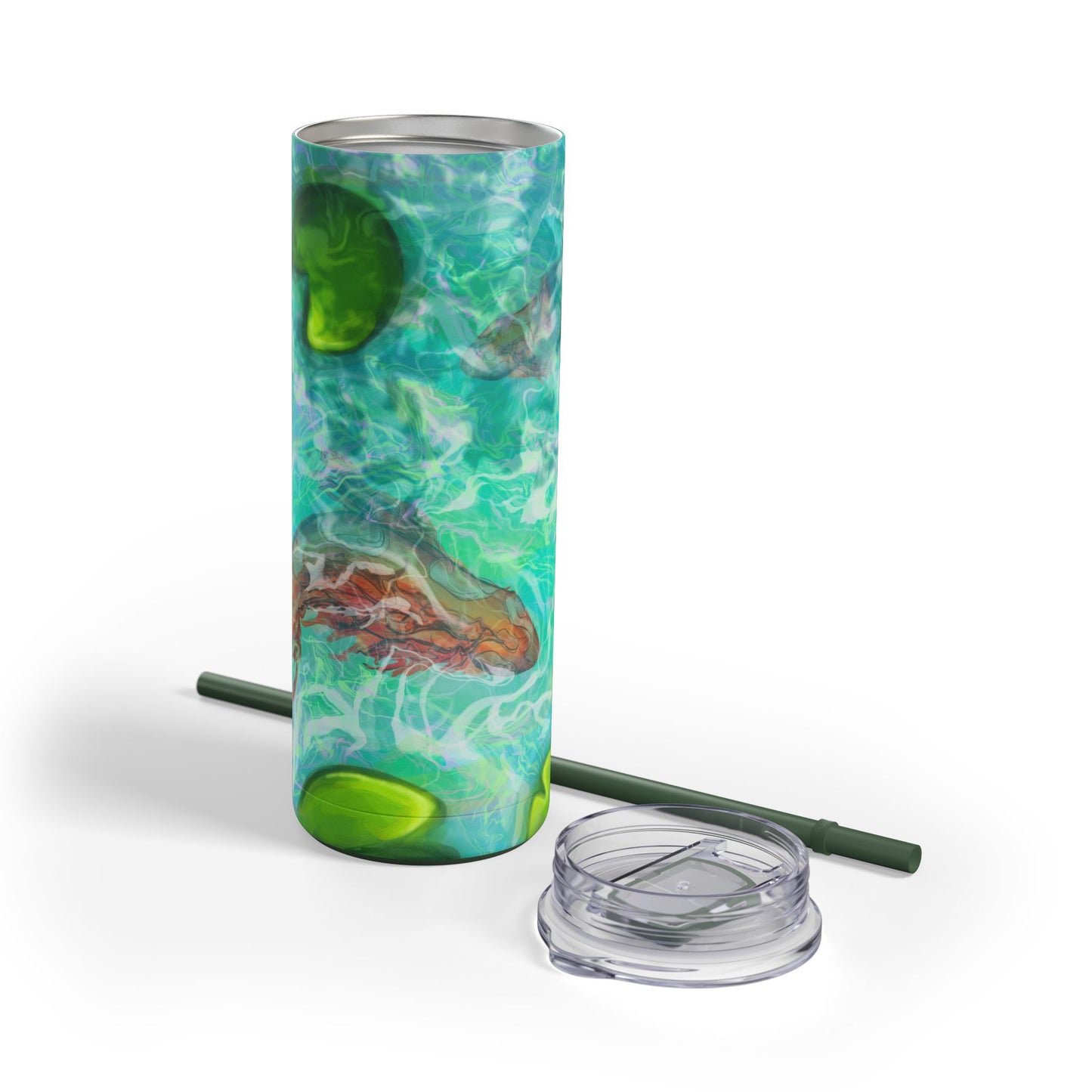 Skinny Tumbler with Abstract Water Design, Eco-Friendly Drinkware, Cool Gift for Her, Summer Vibes, Home & Office Decor, Lily Pads, Fish Pond