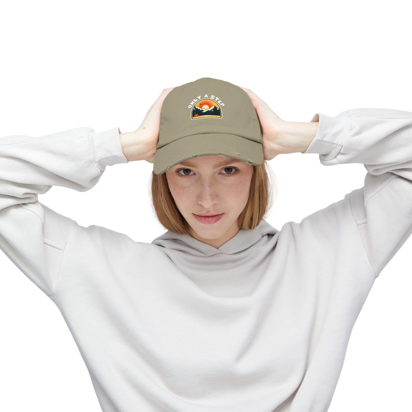 Distressed Cap — “Only a Step” Retro Mountain Sunset Hat