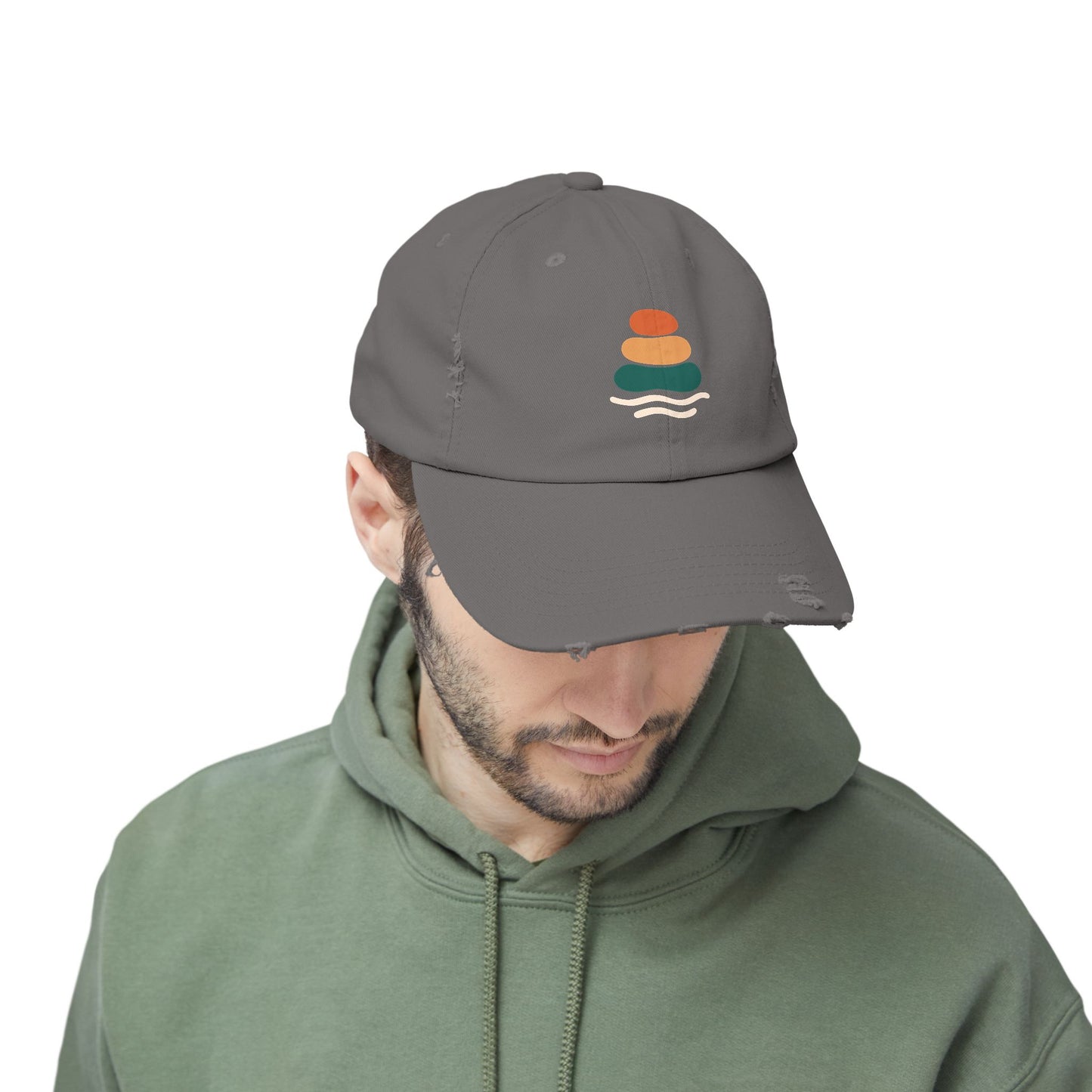 Unisex Distressed Cap with Peaceful Stones Design, Relaxed Vibe, Perfect for Casual Wear, Outdoor Adventures, Gifts for Friends, Beach Wear, Mindfulness Gifts, Serene Crewneck Sweatshirt