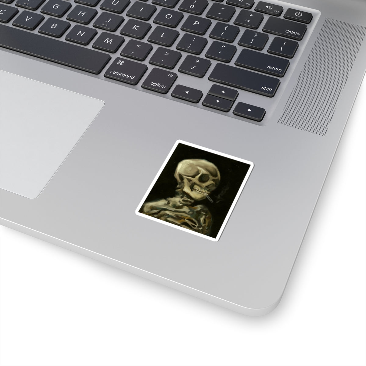 Eerie Skeleton Kiss-Cut Stickers, Spooky Decor, Halloween Accessories, Laptop Stickers, Gothic Art, Gift for Horror Fans | Van Gogh's Skeleton with Burning Cigarette Reimagined, Abstract Modern Twist