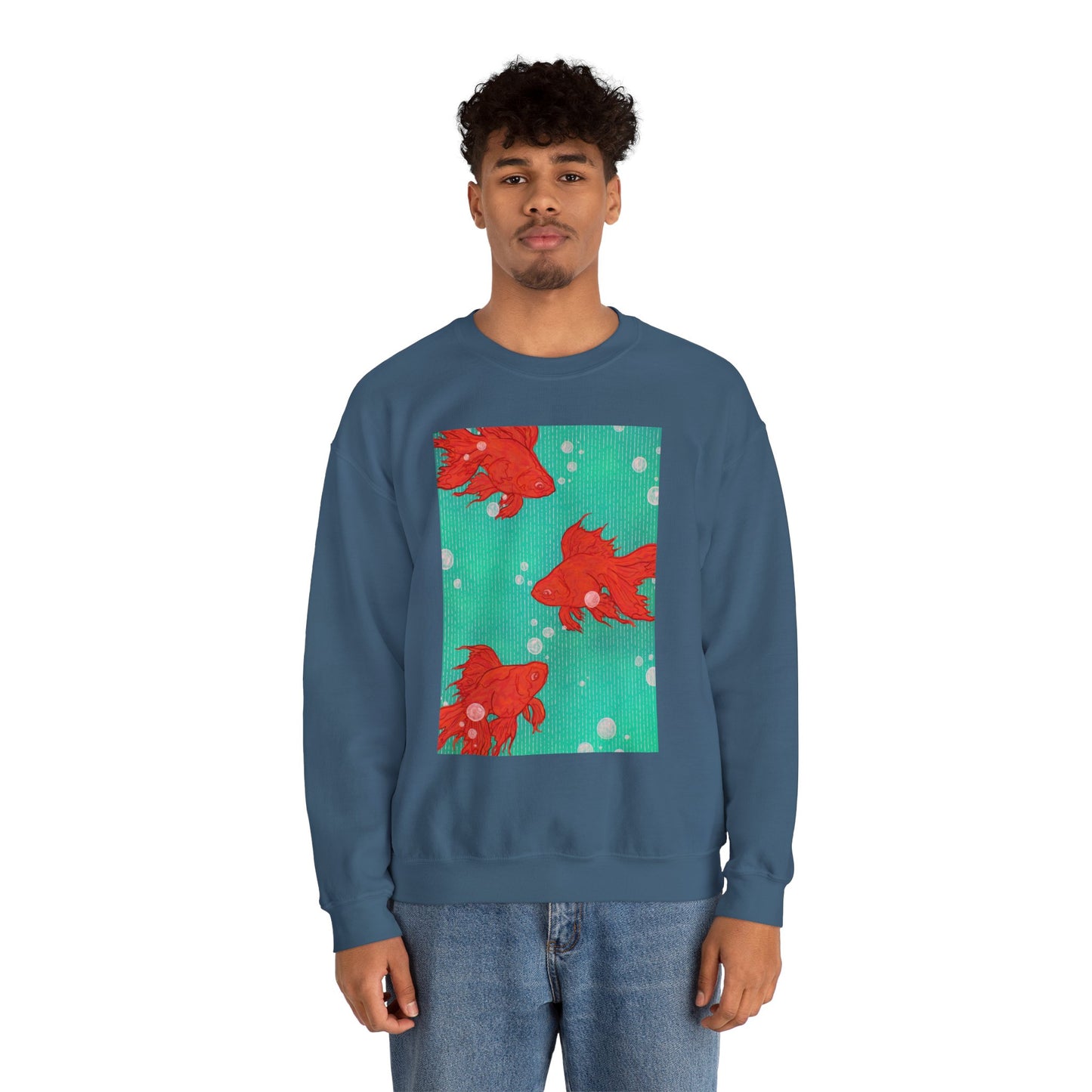 Colorful Fish Graphic Crewneck Sweatshirt, Cozy Unisex Sweater, Fun Graphic Top, Ideal Gift for Fish Lovers, Casual Everyday Wear, Comfy Goldfish Crewneck