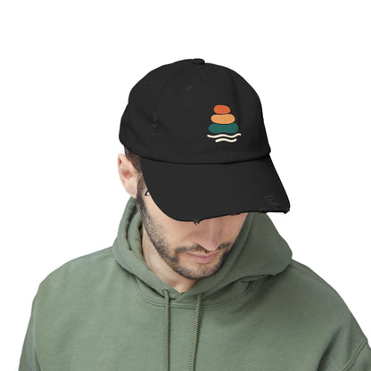 Unisex Distressed Cap with Peaceful Stones Design, Relaxed Vibe, Perfect for Casual Wear, Outdoor Adventures, Gifts for Friends, Beach Wear, Mindfulness Gifts, Serene Crewneck Sweatshirt