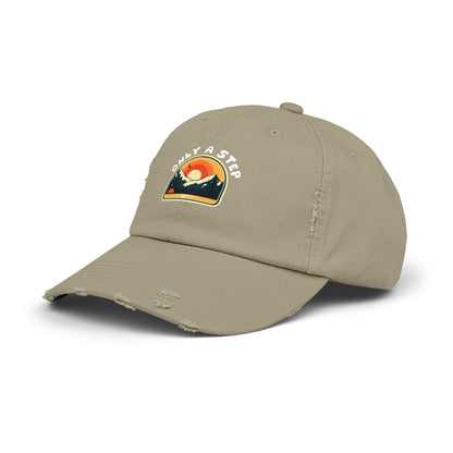 Distressed Cap — “Only a Step” Retro Mountain Sunset Hat