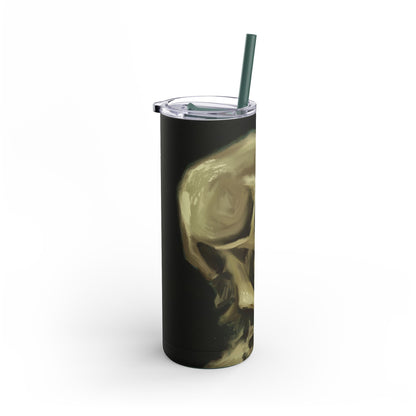 Gothic Skull Tumbler, 20oz | Unique Matte Travel Cup | Halloween Decor | Day of the Dead | Edgy Gifts for Skull Lovers, Reusable Drinkware | Van Gogh's Skeleton with Burning Cigarette Reimagined, Abstract Modern Twist Art
