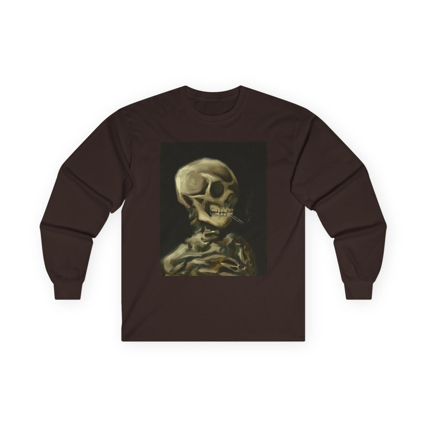 Unisex Long Sleeve Skeleton Tee - Spooky Casual Wear, Gift for Skeleton Lovers, Graphic Tee, Autumn Fashion | Abstract Twist on Van Gogh's Skeleton with Burning Cigarette, Van Gogh Art Reimagined