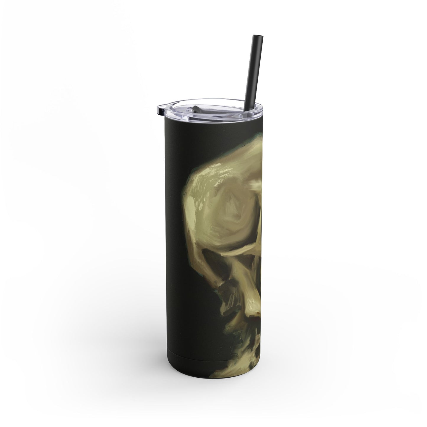 Gothic Skull Tumbler, 20oz | Unique Matte Travel Cup | Halloween Decor | Day of the Dead | Edgy Gifts for Skull Lovers, Reusable Drinkware | Van Gogh's Skeleton with Burning Cigarette Reimagined, Abstract Modern Twist Art