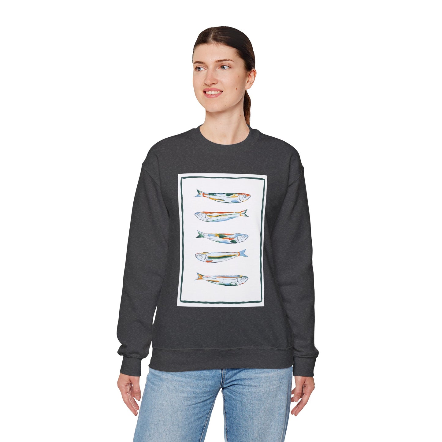 Row of Funky Fish Design Crewneck Sweatshirt - Cozy Unisex Apparel, Perfect for Fishing Lovers, Gift for Nature Enthusiasts, Casual Wear, Artsy Crewnecks, Quirky Fish, Fun Art, Comfy Sweatshirts