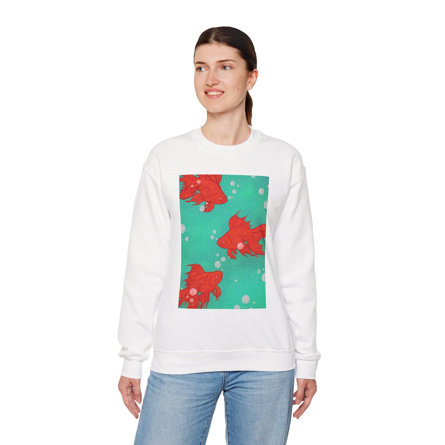 Colorful Fish Graphic Crewneck Sweatshirt, Cozy Unisex Sweater, Fun Graphic Top, Ideal Gift for Fish Lovers, Casual Everyday Wear, Comfy Goldfish Crewneck