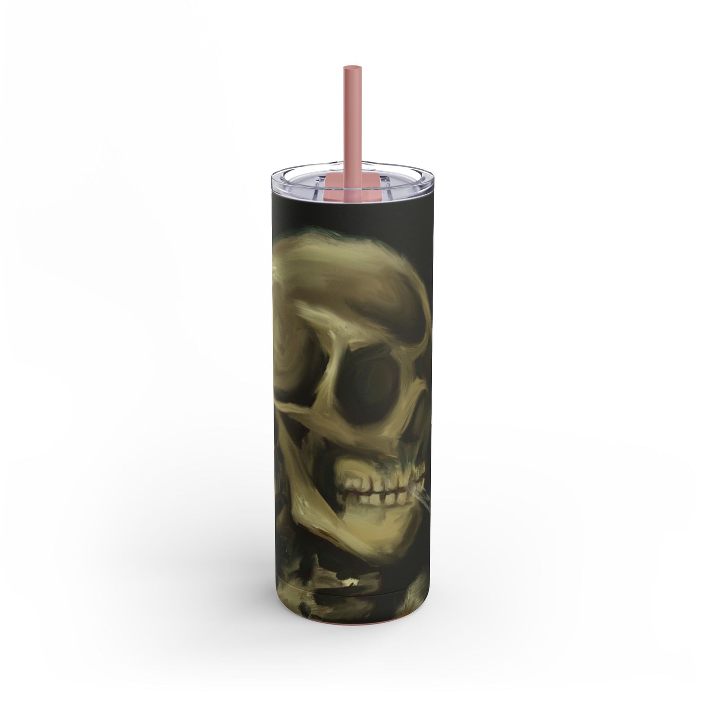 Gothic Skull Tumbler, 20oz | Unique Matte Travel Cup | Halloween Decor | Day of the Dead | Edgy Gifts for Skull Lovers, Reusable Drinkware | Van Gogh's Skeleton with Burning Cigarette Reimagined, Abstract Modern Twist Art