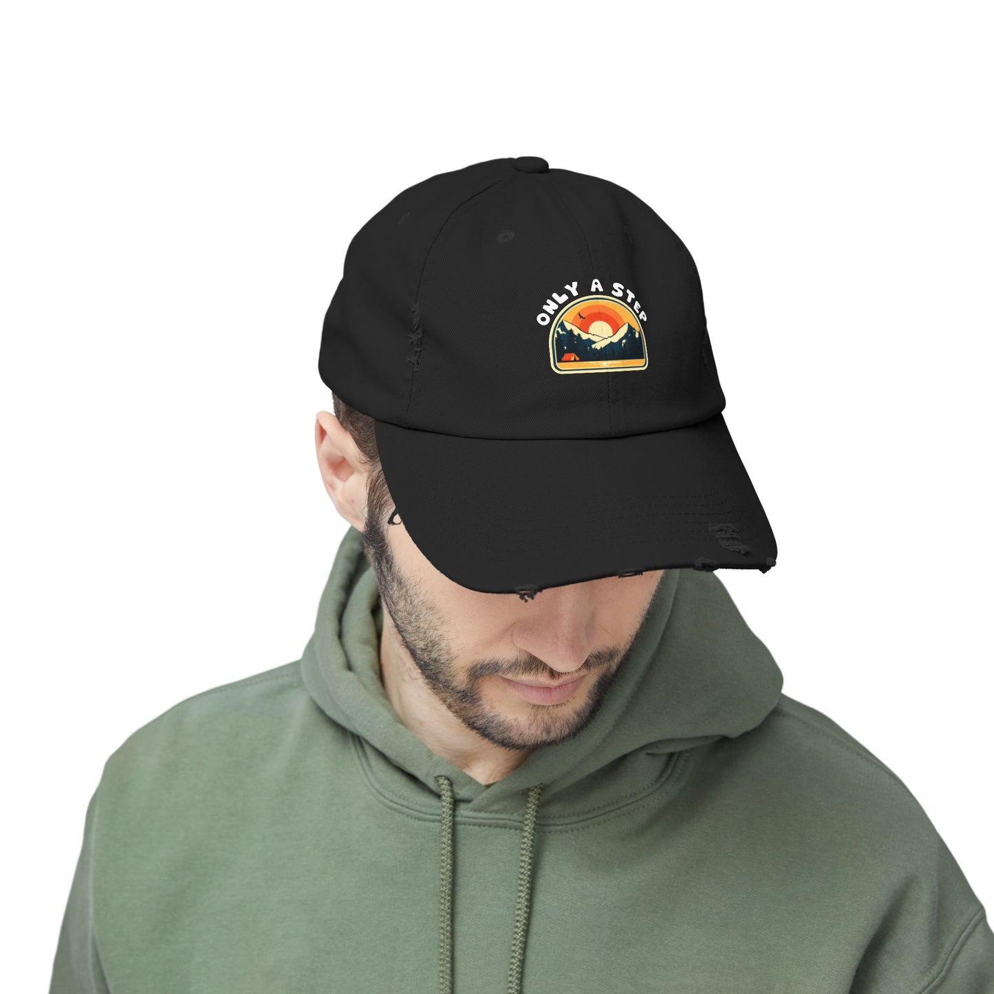 Distressed Cap — “Only a Step” Retro Mountain Sunset Hat