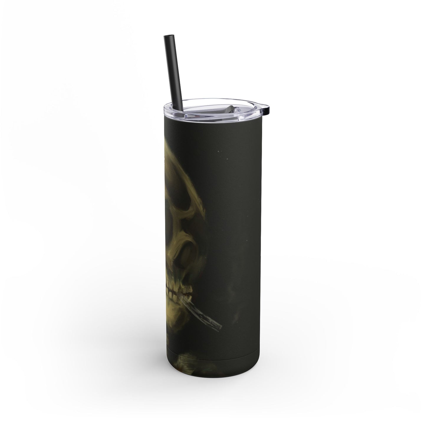 Gothic Skull Tumbler, 20oz | Unique Matte Travel Cup | Halloween Decor | Day of the Dead | Edgy Gifts for Skull Lovers, Reusable Drinkware | Van Gogh's Skeleton with Burning Cigarette Reimagined, Abstract Modern Twist Art