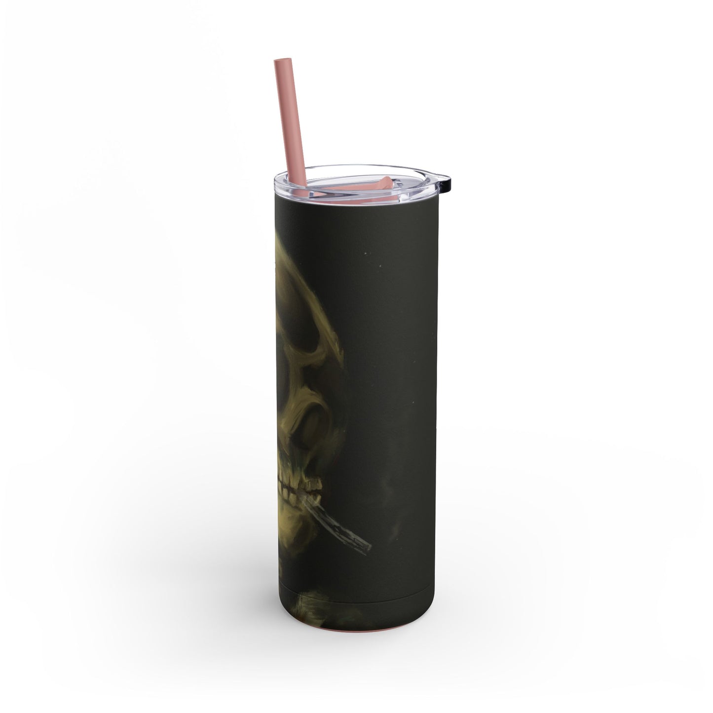 Gothic Skull Tumbler, 20oz | Unique Matte Travel Cup | Halloween Decor | Day of the Dead | Edgy Gifts for Skull Lovers, Reusable Drinkware | Van Gogh's Skeleton with Burning Cigarette Reimagined, Abstract Modern Twist Art